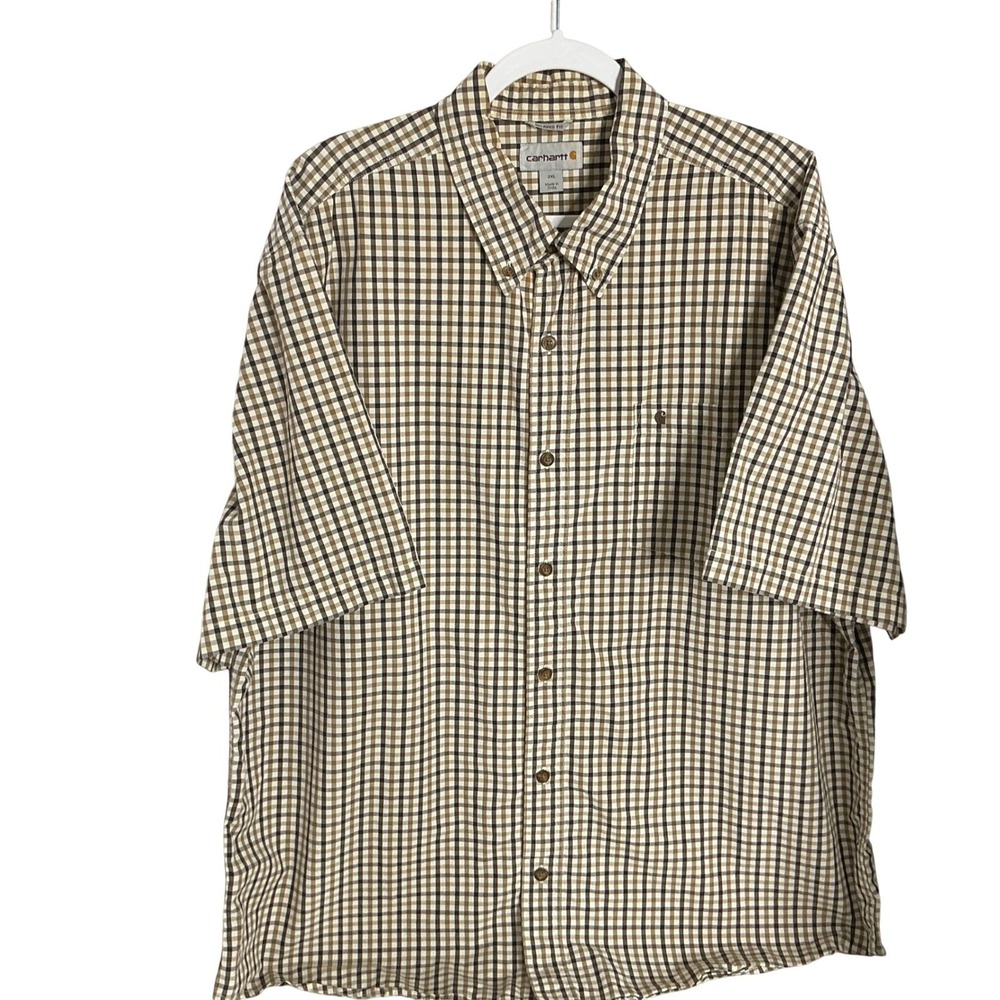 Carhartt Mens 2XL Relaxed Fit Short Sleeve Plaid Button Down Shirt Brown‎ 100386